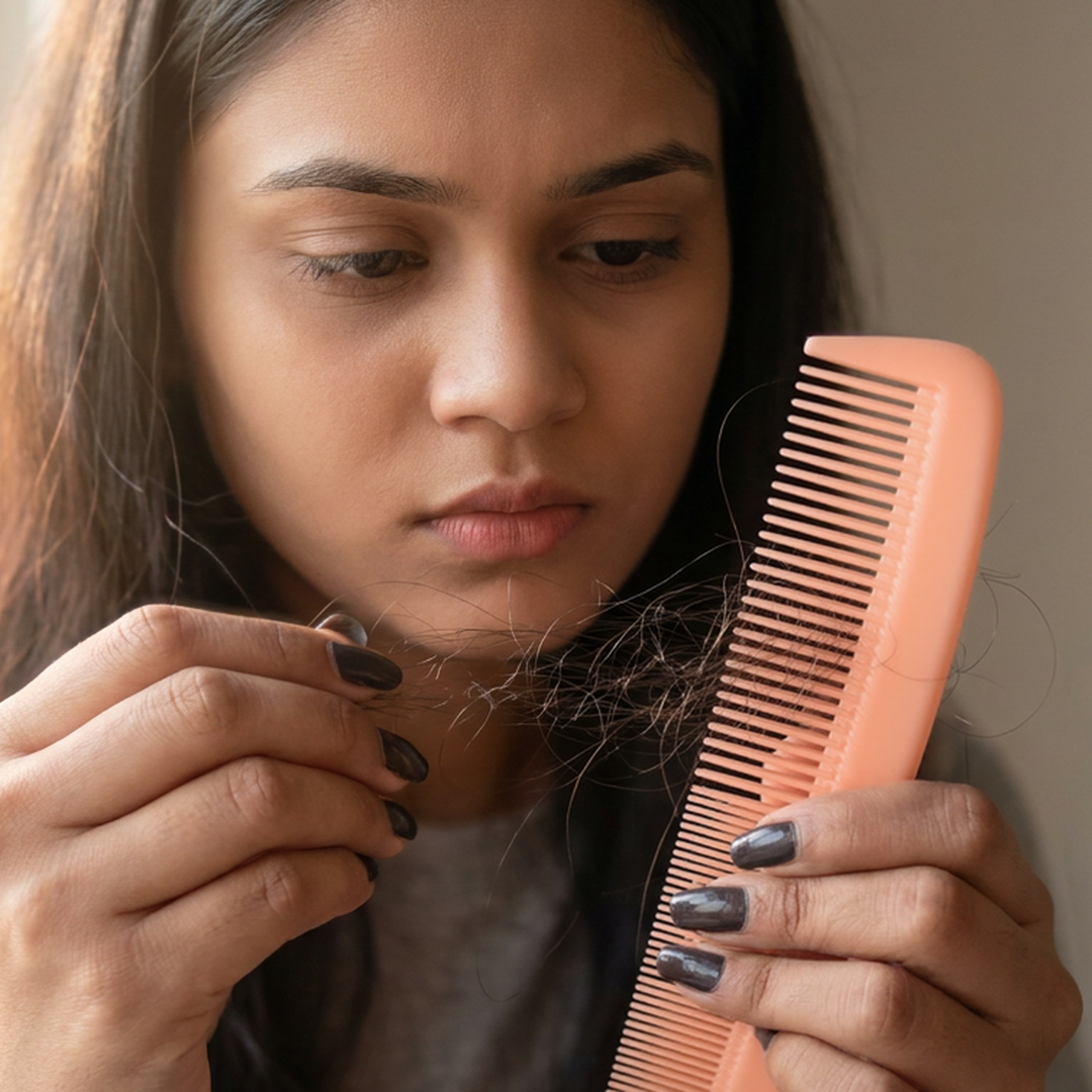 Woman looking at hair fall on a comb